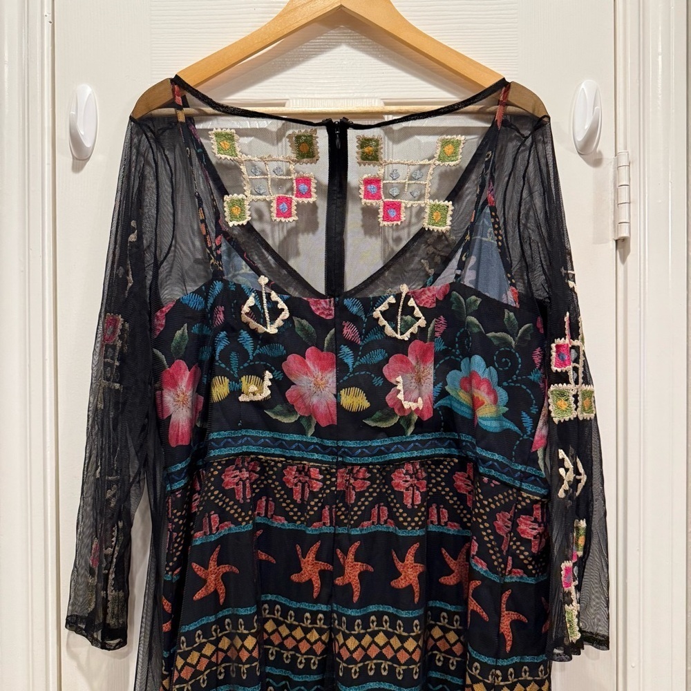 eShakti Maxi Dress Size 16 Black Floral Embroidery Tulle Overlay Ocean Bohemian - Picture 5 of 9